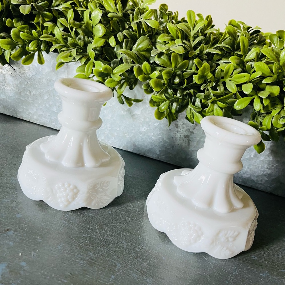 Vintage white milk glass candle stick holder set of two